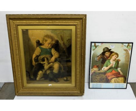 Large Lithograph “Sleeping Girl with Cat”, by “Duprey, Paris, gold frame & a “Willing Ear” calendar 1895 (2)
