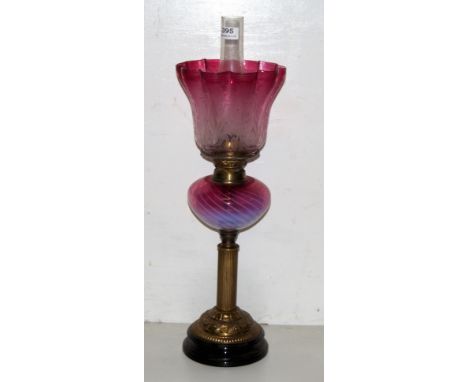 Victorian Table Oil Lamp, brass base, pink glass bowl and a tulip shaped red tipped shade, 25”h