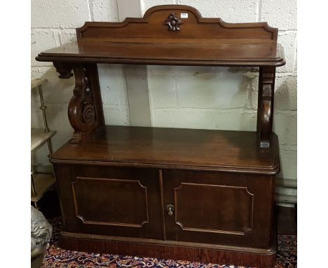 WMIV Mahogany Dumbwaiter, the raised gallery over a double rimmed top shelf and a 2 cabinets below, platform base, 47”w x 48”