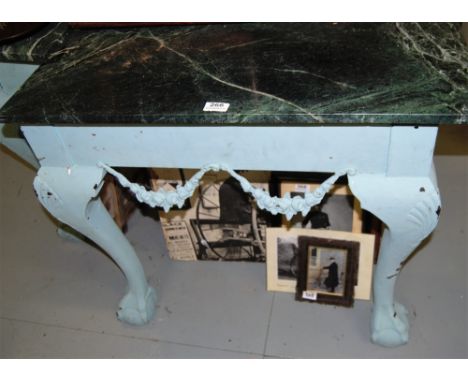 Matching pair of green marble topped console tables with painted green bases, ball and claw feet (1 marble repaired), 33”w