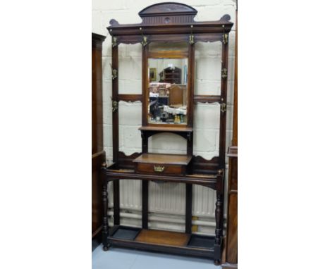 Edw. Walnut Hall Stand with a bevelled mirror insert, two stick stands and a drawer, fine brass hanging hooks, 85”h x 42”w