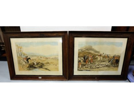 Set of 4 antique fox hunting engravings, "Mooer's Tally ho' the sports", "Tipperary Glory" etc in oak frames, each 22"h x 29"