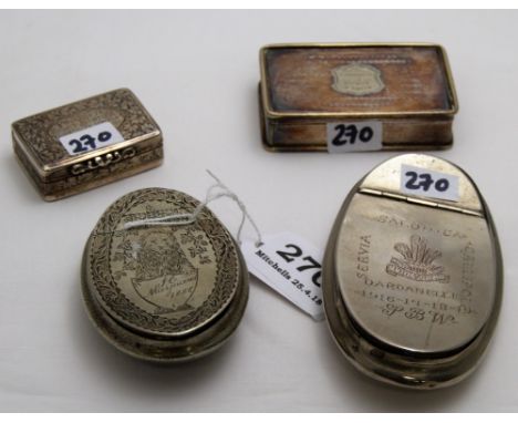 4 x silver plated snuff boxes - 2 curved shape, “The Welsh, Servia Salonica Gallipoli Dardanelle, 1916-17-18-19”, 4”, and “JC