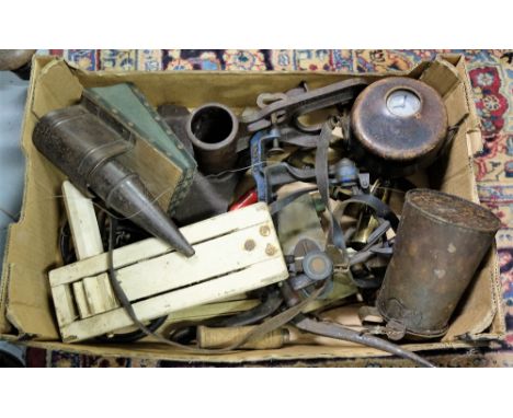 Box of tools and parts – clamps, timer, bee smoker, microscope, adjustable stand etc