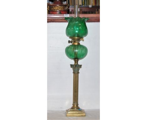 Brass Corinthian Column Oil Lamp with green bowl and green tulip shaped shade