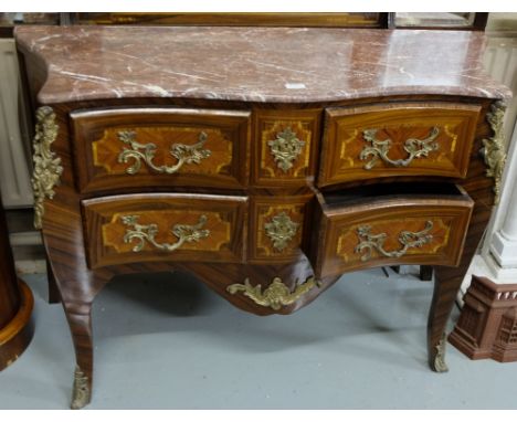 Louis IX Style Kingwood Chest of Drawers/Commode, the red marble serpentine shaped top over three drawers with gilt handles, 