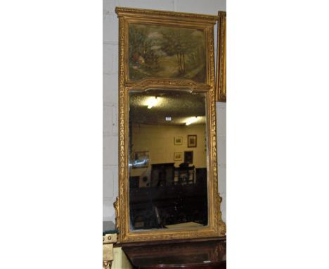 Gilt framed Pier Mirror, the top panel painted with a landscape scene, 2ft” x 63”h