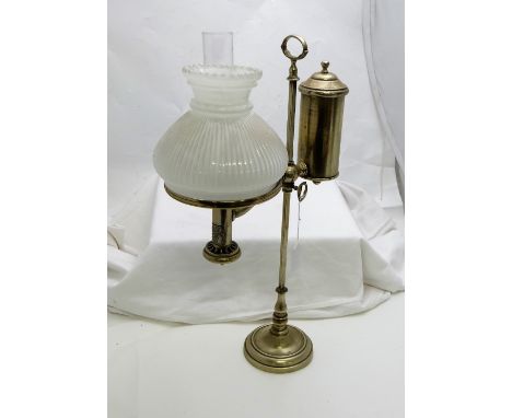 Silver Plated Table Oil Lamp, stamped “Gardners”, Strand London, with a white shade, 21”h