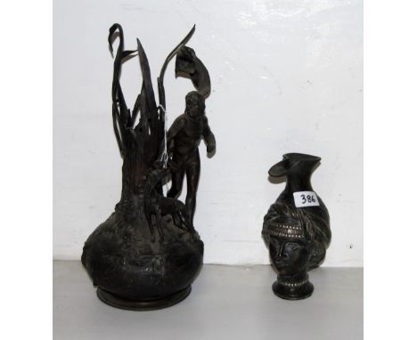 Spelter Vase “Hunter in a Forest” 15”h & a Bronze Vase – Persian Woman 8”h (2)