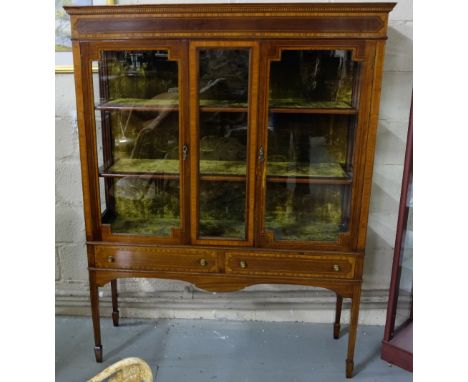 Edwardian inlaid mahogany display cabinet with 2 glass doors and central glass panel, 2 drawers, tapered feet, 49"w x 64"h