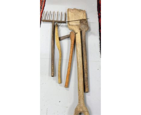 5 wooden handled farm tools – a scythe, butter spade, soil sampler etc