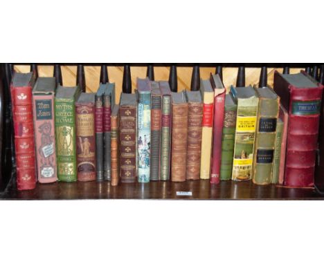 Shelf of antique hardback books of Travel interest, some leatherbound, "The Tower of London", 1841, 1st edition by Answorth, 