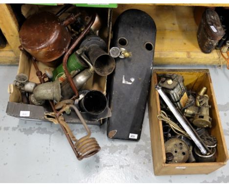 2 boxes of old motorbike/car parts, petrol tank, assorted tools, blow torch &amp; “Touch Tone” &amp; other horns
