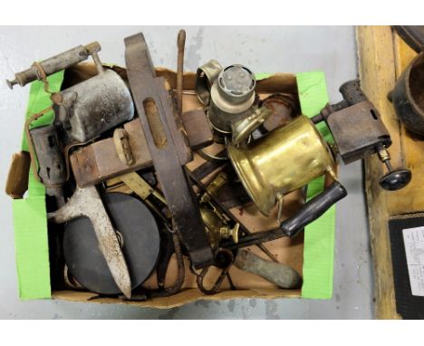 Assorted box of blow torches, lamp, hand tools