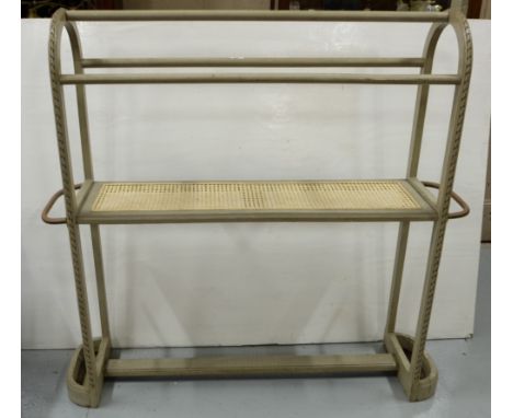 Late 19thC Boot-rack with copper stick stand rails at either end, bergere shelf, painted green, 43.5” wide, 49 high