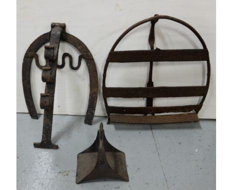 2 metal Fire Cranes &amp; (1 oval top, adjustable) &amp; a metal shelf (3)