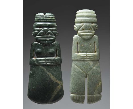 Two Atlantic Watershed figural pendantsCosta Rica, circa 300 - 500 ADjade, both pierced through the neck for attachment and w