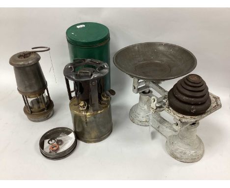 The Wolf Saftey Lamp Co. of Sheffield 'Wolf Type FS', field stove in original casing and a set of weighing scales with six we