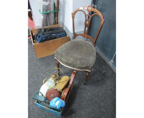 Brass Oil Lamp, binoculars, discus, Audioline phone:- One Box. Single chair.
