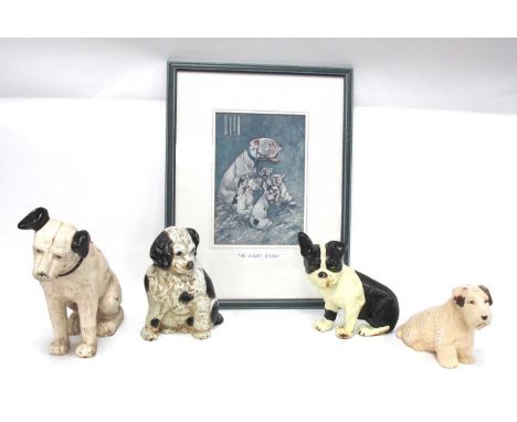XX Century Iron Money Box of H.M.V 'Nipper' 26cm high, smaller painted plaster dog Nipper together with two cast iron door st