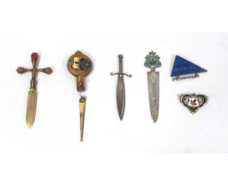Silver and Enamel Maple Leaf Broach, Bowling Club Marker, two silver bookmarks, brass example with faceted stone finial, Lièg