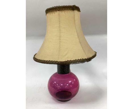 Cranberry Glass Table Lamp, with beaten pewter neck, 16cm diameter.