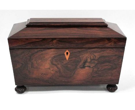 XIX Century Rosewood Tea Caddy of Sarcophagus Form, with GR Pottery mixing bowl flanked by tea compartments, on decorative fe