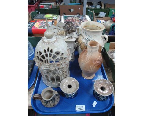 Black Mountain Pottery Vase, 'SR', studio pottery potpourri and clock, stoneware candle holders, etc:- One Tray.