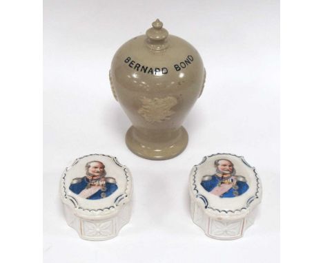 XIX Century Stoneware Money Box for Bernard Bond 15.5cm tall, pair of XIX Century porcelain trinket boxes each featuring mili