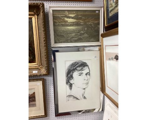 E.B. Grange, 'Cottages by the Sea', engraved glass panel 29 x 44.5cm signed and dated 78', R. Ludlam portrait in graphite sig