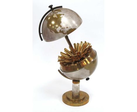 Mid-XX Century Steel and Brass Globe Cigarette Dispenser with pull-up top to reveal individual cigarette holders, on stopped 