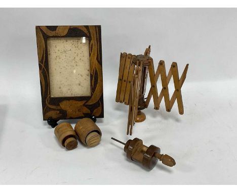 Pokerwork Photo Frame - wool winder and clamp, two butter moulds.