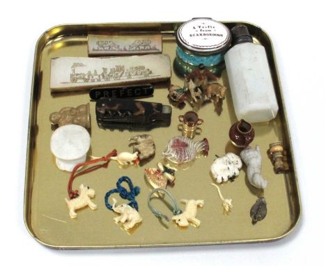 XIX Century Patchbox, oval in enamel, 'A Trifle From Scarborough', white glass faceted scent bottle, small pocket knife, moth