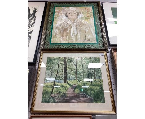 Eric Gregory, Woodland Park with Bluebells, watercolour 39 x 48cm signed and dated '82, portrait of a lady, oil on board, sig