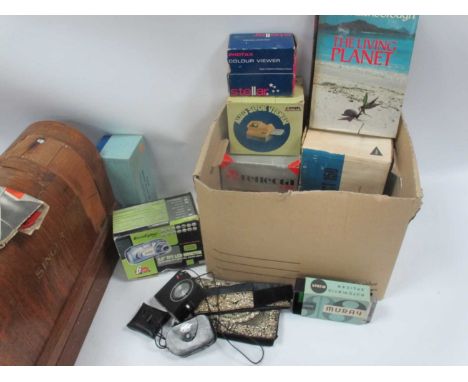 Reflecta Camera, bellows unit, Murray Splicer, viewer, evening bag, etc:- One Box, Singer Sewing Machine (case damaged).