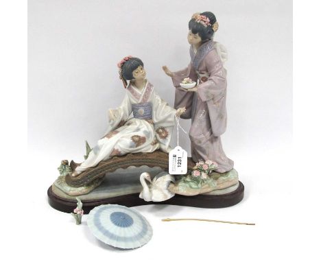 Lladro Springtime in Japan Figure Group, parasol loose, on base.