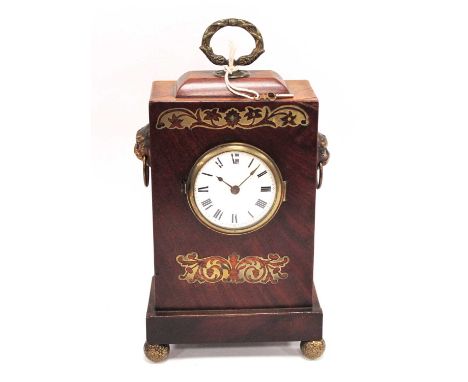 Regency Mahogany Cased Mantle Clock with Brass Handles, inlay and ball feet, and watch movement, 29cm tall.