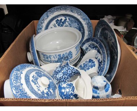 Blue &amp; White Table Pottery, including Churchill and 'Old Willow' tureens, Worcester oval dish, ginger jars, Five Falcon W