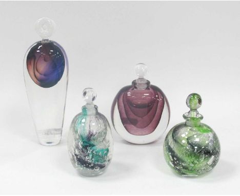 Andrew Sanders and David Wallace Perfume Bottles, two signed Saunders with spiral inclusions, one signed Wallace with purple 
