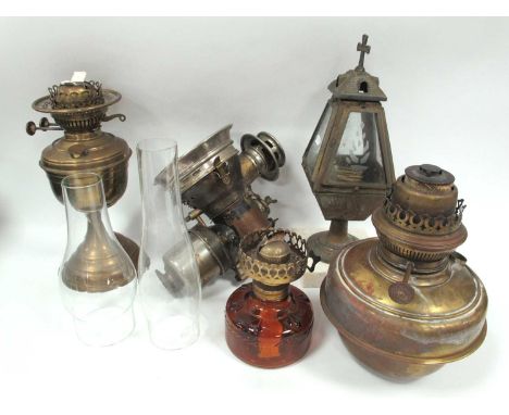 Early XX Century Germania Car Lamp with maker's mark to the top, Ecclesiastical candle holder, brass oil lamp:- One Box.