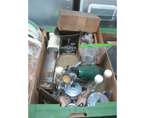 Soda Stream and Bottles, soda syphon, Swan tea set, mincers, scales and weights:- One Box.