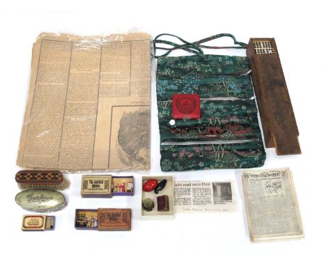 Miniature English Dictionary, ebonised whistle, figure in eggshell, The Smallest Kitchen, nine spot dominoes, newspaper, etc: