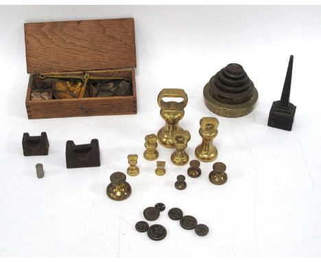 A Boxed Set of Victorian Apothecary Scales and Weights, other small chemist weights etc:- One Tray.