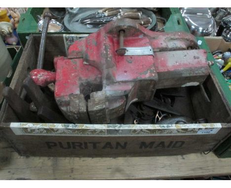 Heavy Duty Vice, oil can, axe, shoe lasts, other tools.