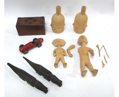 Ethnographica, a pair of carved hardwood candle holders? as crocodiles, 22.5cm long. Carved figures (one dam) and drums. XIX 