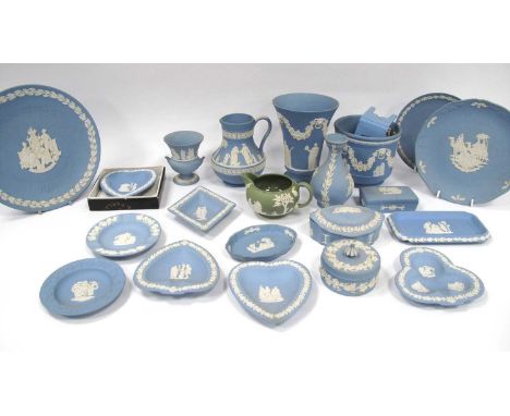 Wedgwood Jasperware pale blue comprising bases, jug, lidded trinket boxes, trinket dishes, ashtrays, collectors plates, green