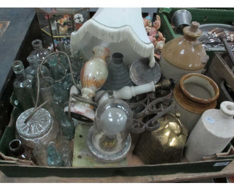 Onyx Table Lamp, bottles, brass bell, outside dome light, etc:- One Box.