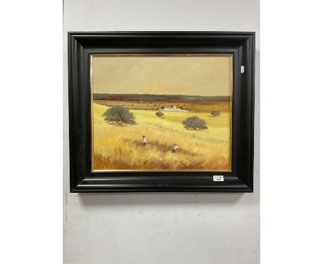 XX Century School - Crop pickers on the Continent, oil on canvas 43 x 52.5cm.