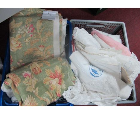 Dolls Quilt, crochet ended table cloth, damask, embroidered and other linens:- Two Boxes.