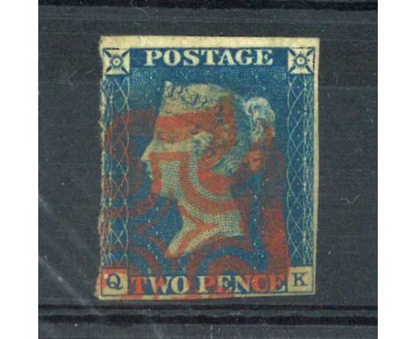 Stamps; Great Britain 1840 Q.V Two Pence Blue 'Q-K', three margins, fine used with red MX cancel, some discolouration on reve